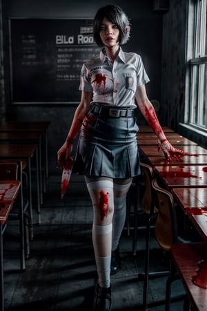 horror, professional photography, 1girl, 17yo, black eyes, black hair, sm4c3w3k, wearing short sleeve shirt and pencil skirt, white fabric, grey fabric, short hair with asymmetric bangs, belt, pocket, ((thigh-high white socks)) , black shoes,highly detailed, bokeh, 8k, highly detailed, intricate shadow, volumetric lighting, classroom, photorealistic,realistic, cinematic camera, cinematic light,  (blood_red:1.5), right hand use holding a knife, left hand use mobile_phone, horror (theme), midnight 