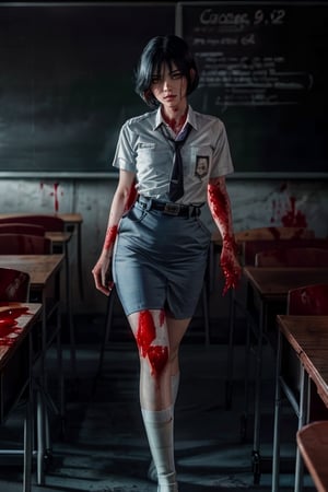 A cinematic horror scene, professional photography a beautiful girl holding a knife and a cellphone, black hair, sm4c3w3k, wearing short sleeve shirt and pencil skirt, white fabric, grey fabric, short hair with asymmetric bangs, belt, pocket, ((thigh-high white socks)), black shoes,highly detailed, bokeh, 8k, highly detailed,1girl, intricate shadow, volumetric lighting, classroom, photorealistic,realistic, cinematic light,  (blood_red:1.5)