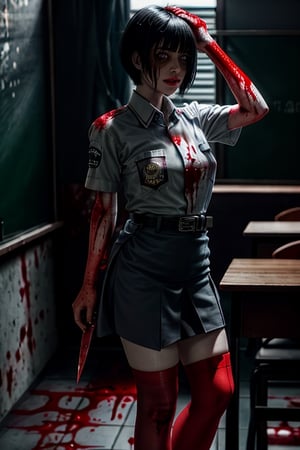 A cinematic horror scene, professional photography a beautiful , black hair, sm4c3w3k, wearing short sleeve shirt and pencil skirt, white fabric, grey fabric, short hair with asymmetric bangs, belt, pocket, ((thigh-high white socks)), black eyes, black shoes,highly detailed, bokeh, 8k, highly detailed,1girl, intricate shadow, volumetric lighting, classroom, photorealistic,realistic, cinematic light,  (blood_red:1.5), right hand use holding a knife, left hand use mobile_phone, horror (theme), midnight 
