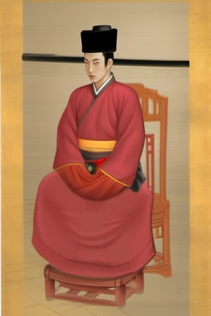 Man in red traditional Chinese hanbok sitting on a stool