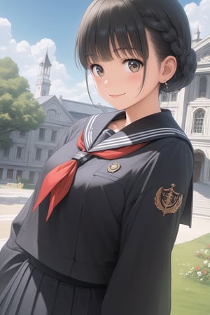 score 9, score 8 up, score 7 up,  source anime, ((masterpiece)), ultra detailed, best quality, 8k, high resolutionl, high detailed eyes, aesthetic, 1girl, smile, kawaii, black hair, sailor fuku,  standing, 