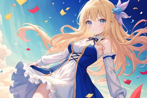 ((masterpiece)), ultra detailed, best quality, 8k, high resolutionl, high detailed eyes, aesthetic, watercolor, pastel color, beautiful gradation, 1girl, ((kawaii)), loli, half smile, long hair, medium breasts, onepiece dress, spread arms, ((magic hour)), plateau, confetti, wind lift:2, 