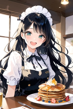 masterpiece, extremely detailed, best quality, 8k, absolutely resolution, super beautiful illustration, aesthetic, watercolor, beautiful gradation, ultra beautiful eyes, 1girl, black long hair, laugh, waitress, pancakes, fresh cream, fruit, indoor,