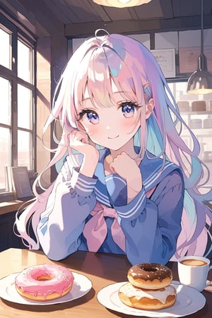 masterpiece, extremely detailed, best quality, 8k, absolutely resolution, super beautiful illustration, aesthetic, watercolor, pastel style, super beautiful gradation, high detailed eyes, 1girl, long hair, happy, sailor fuku,  long sleeve, DONUTS, cafe, indoor,