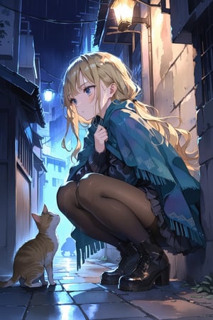 masterpiece, extremely detailed, best quality, 8k, absolutely resolution, beautiful illustration, aesthetic, watercolor, super beautiful gradation, high detailed eyes, 1girl, kawaii, serious face, Blonde long hair, poncho, pantyhose, bootie, squat, Touching a kitten's head, rain, night, city, back alley, November, 