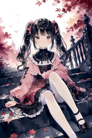 masterpiece, extremely detailed, best quality, 8k, absolutely resolution, aesthetic, watercolor, super beautiful illustration, high detailed eyes, 1girl, (kawaii), (loli), black Hair, twintail, pensive, pink clothes, lolita fashion, white pantyhose, Sit on the stairs, autumn, 