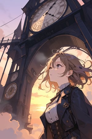 masterpiece, extremely detailed, best quality, 8k, absolutely resolution, beautiful illustration, aesthetic, Steampunk, super beautiful gradation, high detailed eyes, 1girl, kawaii, serious, coat, look up, big clock tower, street, sunset, fog, directly below, close up, 