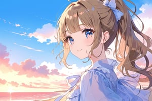 (masterpiece), extremely  detailed, best quality, 8k, absolutely resolution, aesthetic, super beautiful illustration, (watercolor), beautiful gradation, high detailed eyes, 1girl, kawaii, cute, lovey, loli, tareme, ponytail, half smile, (tilt head), horizon, looking at viewer, from side, outdoor, sky, 