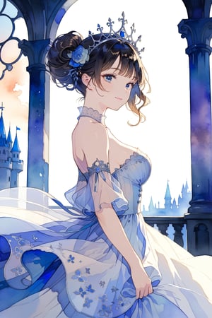 ((masterpiece)), ultra detailed, best quality, 8k, absolutely resolution, aesthetic, mucha, watercolor, beautiful gradation, super beautiful eyes, 1girl, beautiful, tsurime, half smile, chignon, large breasts, princess dress, castle, indoor, 