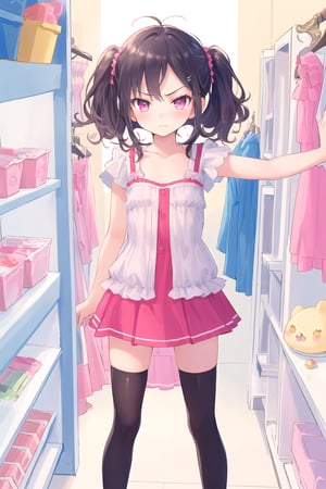 ((masterpiece)), ultra detailed, best quality, 8k, high resolutionl, high detailed eyes, beautiful illustration, 1girl, ((kawaii)), scowl, messy hair, flat chest, blouse, ruffled skirt, thighhigh, standing, arms folded, open legs, cloth shop, changing room, Dressing room, 