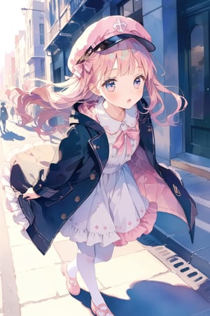 masterpiece, extremely detailed, best quality, 8k, absolutely resolution, super beautiful illustration, aesthetic, watercolor, pastel style, beautiful gradation, ultra beautiful eyes, 1girl, kawaii, loli, great joy, onepiece dress, pink casquette, coat, white pantyhose, October, city, sidewalk, look up, (close up), 