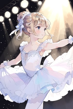 masterpiece, extremely detailed, best quality, 8k, absolutely resolution, super beautiful illustration,  aesthetic, watercolor, pastel style, beautiful gradation, ultra beautiful eyes, 1girl, kawaii, cute, loli, chignon, happy, ballerina, white pantyhose, dance, stage, spotlight, close up, 