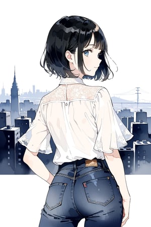 masterpiece, extremely detailed, best quality, 8k, absolutely resolution, super beautiful illustration, aesthetic, watercolor, beautiful gradation, ultra beautiful eyes, 1girl, black bob cut, half smile, large hip, blouse, jeans, standing, city, close up, looking at viewer, from behind, 