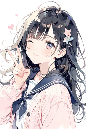 masterpiece, extremely detailed, best quality, 8k, absolutely resolution, super beautiful illustration, aesthetic, watercolor, pastel style, beautiful gradation, ultra beautiful eyes, 1girl, cute, black hair, long hair, half smile, sailor fuku, cardigan, ((close one eye)), look up, v sign, form side, 