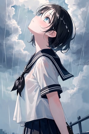 masterpiece, ultra detailed, best quality, 8k, high resolutionl, high detailed eyes, aesthetic, watercolor, pastel color, beautiful gradation, 1girl, kawaii, black short hair, expressionless, sailor fuku, black pleated skirt, wet, (rain), ((dark clouds)), standing, ((look up at the sky)), from side, 