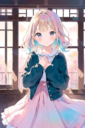 (masterpiece), extremely detailed, best quality, 8k, absolutely resolution, aesthetic, (watercolor), pastel style, beautiful gradation, super beautiful eyes, 1girl, ((kawaii)), ((loli)), half smile, cardigan, long skirt, (place hands on chest), school, indoor, 