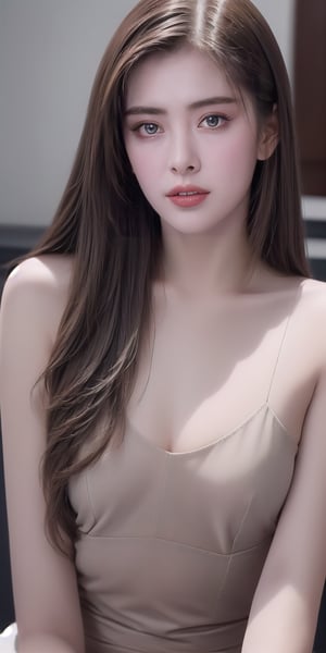 Ultra high definition photographs, high-quality works, hyperrealistic depictions, close-up shots, brown hair, beautiful face, gray eyes, perfect body, thigh exposure, beautiful angular beauty,