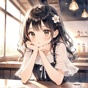  cute girl in cafe,  masterpiece, best quality, aesthetic,  Prompt: ((Superb)). ((Very Beautiful)), 1 girl, ((Pretty Face)), ((Flat Chest: 1.3)). ((Very cute little sister)), 10 year old girl, 2)),