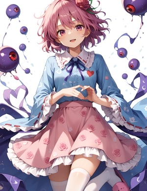 score_9,score_8_up,score_7_up,source_anime,
1girl,  1girl, komeiji satori (touhou), pink eyes, purple eyes, short hair, pink hair, purple hair, messy hair, third eye, eyeball, collared shirt, blue shirt, frilled shirt collar, ribbon trim, heart button, long sleeves, frilled sleeves, wide sleeves, pink skirt, frilled skirt, floral print, rose print, white legwear, bobby socks, pink slippers,Don't cut your shirt too short ,No pants, 
perfect anatomy, correct number of fingers, (perfect hands), beautiful_female_fingers