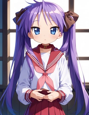 score_9,score_8_up,score_7_up,source_anime,
1girl,  (((1girl, loli、flat chest))), 
lucky star,{{{hiiragi kagami}}},purple hair, twintails,long hair, dark blue eyes, tsurime, brown ribbon,white serafuku,red sailor collar,red skirt,pink neckerchief,{{game cg}}、
perfect anatomy, correct number of fingers, (perfect hands), beautiful_female_fingers