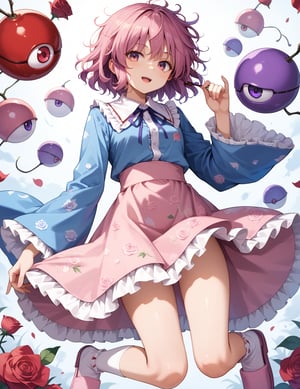 score_9,score_8_up,score_7_up,source_anime,
1girl,  1girl, komeiji satori (touhou), pink eyes, purple eyes, short hair, pink hair, purple hair, messy hair, third eye, eyeball, collared shirt, blue shirt, frilled shirt collar, ribbon trim, heart button, long sleeves, frilled sleeves, wide sleeves, pink skirt, frilled skirt, floral print, rose print, white legwear, bobby socks, pink slippers,
perfect anatomy, correct number of fingers, (perfect hands), beautiful_female_fingers