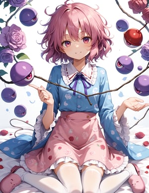 score_9,score_8_up,score_7_up,source_anime,
1girl,  1girl, komeiji satori (touhou), pink eyes, purple eyes, short hair, pink hair, purple hair, messy hair, third eye, eyeball, collared shirt, blue shirt, frilled shirt collar, ribbon trim, heart button, long sleeves, frilled sleeves, wide sleeves, pink skirt, frilled skirt, floral print, rose print, white legwear, bobby socks, pink slippers,
perfect anatomy, correct number of fingers, (perfect hands), beautiful_female_fingers