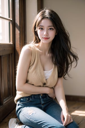 (((masterpiece))), top quality, (beautiful and delicate girl), beautiful and delicate light, (beautiful and delicate eyes), mysterious smile, (brown eyes), (dark black long hair), medium breasts, female 1, frontal shot, Korean, soft expression, tall, cardigan, sleeveless knit, jeans, sneakers, half body shot,