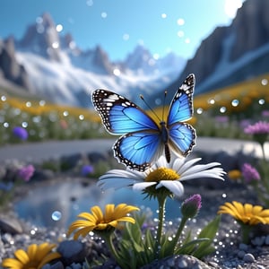 Butterfly, amazing quality, masterpiece, best quality, hyper detailed, ultra detailed, UHD, depth of field, mountains snowy peaks, parking on (flower), magic  mountains, fog, transparent and polishing ral-ntrgmstn, on side, glowing, (dazzling light:1.2), water droplets after rain, detailmaster2, cinematic moviemaker style