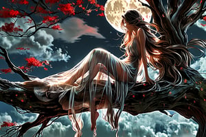 stiletto_heels, long transparent dress, full moon, full body,clouds,side-slit,backless,red transparent underwears,flowing hair, long hair, flowing sheet,on tree, sitting_down, low angel shot, floating long hair,