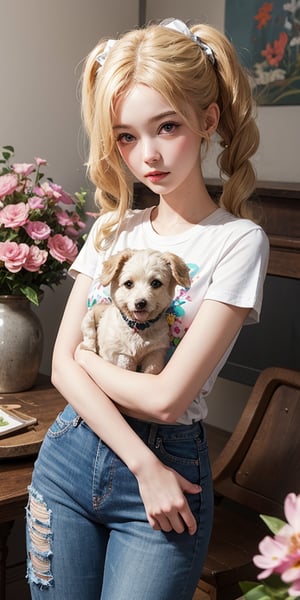 Whimsical artistisc illustration story. A girl wearing torn jeans and a t-shirt with print, blond hair in a pigtail whith a white bow. She is hugs a fluffy poodle. A few flowers. intricate detailing, background faded. 3D. Oilpainting