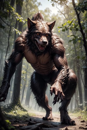 a prowling and hungry werewolf sneaking across a tree branch, the werewolf has a slightly hooked mouth and large sharp teeth, the focal point rises around the trunk of the tree, gloomy scene emphasizing the werewolf's eyes, dynamically fascinating with a sense of danger and fright