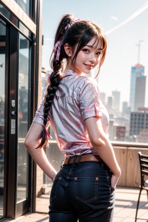 One girl, Simple background, Double exposure of cityscape in rectangle background, Solo, Long hair, Looking at viewer, Blushing, ((Smile: 1.3)), Bangs, Shirt, Ribbon, Twin tails, Mouth closed, Standing, Purple eyes, Hair ribbon, White shirt, Purple hair, Braids, Short sleeves, Cowboy shot, Looking back, Pants, From behind, Twin braids, Building, Pink ribbon, City, Hands in pockets, Cityscape.