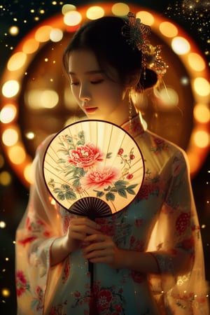 professional photography by Alessio Albi,Chinese girl, traditional cheongsam with peony pattern, delicate Chinese circular fan, silk fan surface, long bamboo fan handle body, very detailed details of the girl's face, holding a circular fan, long bamboo fan handle, Chinese calligraphy characters written on the fan surface, in a starry night environment with nearby lights suggesting the holiday season. Highly detailed, cinematic lighting, 8K resolution.