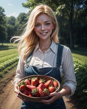 a happy smiling gorgeous blondie female Strawberry Farmer nurturing her just about to crop strawberries in a size of chicken egg at her vast strawberry fihappy smiling led with beautiful background, water well and woods, an epic masterpiece hyper realistic digital art of Frank Bellamy, professional color grading by Kenneth Hines Jr., 80's European Color Comic Style, ,Detailedface