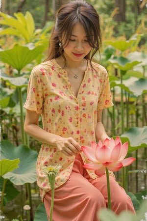 A Thai woman , bangs brown hair on the side and disheveled in a boho style floral blouse and skirt, colors yellow-red Sitting and picking red lotus flowers. art oil painting style alcoholic ink