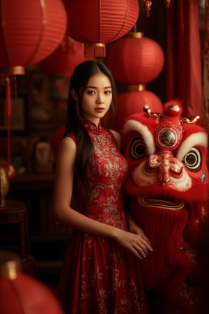 A young Asian woman with long dark hair stands gracefully dressed in a red gold Chinese traditional , medium shot ,
background is darkroom,
blurry foreground, red Chinese lanterns foreground ,
and a large, detailed lion dance costume stands beside her. creating a warm, nostalgic, and cultural atmosphere,
rich with deep red and gold tones.
The woman appears calm and elegant, embodying a sense of mystery, tradition, Shining golden color,