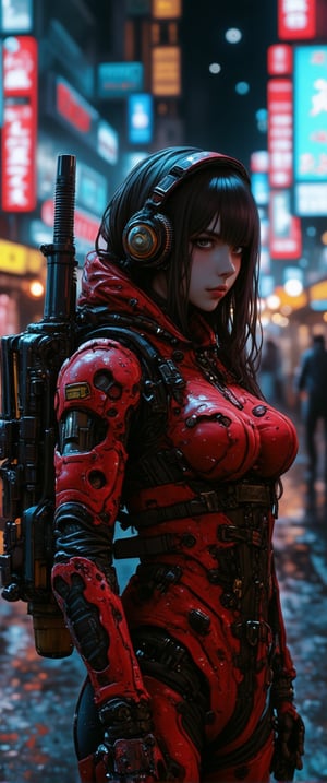 cyberpunk anime, stunning Japanese woman wearing red and black sci-fi power armour, headphones, dark eyeshadow, holding assault rifle on cyberpunk street at night, neon signs and advertising, bokeh, side lighting,ct-physmstyle