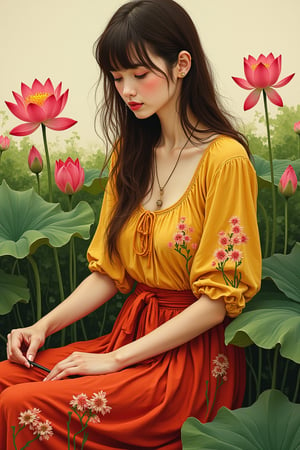 A Thai woman , bangs brown hair on the side and disheveled in a boho style floral blouse and skirt, colors yellow-red Sitting and picking red lotus flowers. art oil painting style alcoholic ink