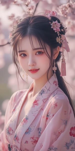 A serene Japanese maiden stands alone against a blurry backdrop of blooming cherry blossom trees. She gazes directly at the viewer with a gentle smile, her parted bangs framing her heart-shaped face. Her black hair cascades down her back, adorned with intricate hair ornaments and hair rings. Red eyes sparkle beneath luscious eyelashes, and her lips curve upward in a subtle grin. A floral print kimono drapes across her upper body, its vibrant colors muted by the soft focus of the background. Delicate earrings and a tassel dangle from her ears as she wears a bow-adorned hairstyle. The camera's shallow depth of field blurs everything except for our subject, emphasizing her captivating presence.