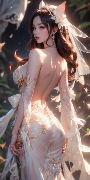 A stunning photorealistic painting of a fairy wedding, where the bride is adorned in an ultra-glossy, wet glitter oil paint dress. The intricate ivory lace satin chiffon chiton features delicate rose embellishments, while her wings display white lace with mystical designs and jagged gold edges. Her eyes resemble those of a cat, and her hair flows down her back in cascading ringlets. The groom stands elegantly by her side, dressed for the occasion. Set in an enchanted forest, the scene is illuminated by mystical points of light, a full moon, and a shooting star, creating a magical and romantic atmosphere.