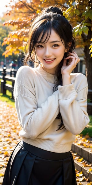 A serene autumn afternoon in a tranquil Japanese city park. A lovely young woman, dressed in a cozy sweater and skirt, playfully tosses handfuls of vibrant orange and yellow leaves into the air, laughing as they flutter down around her. The warm sunlight casts a gentle glow on the scene, highlighting the rustling foliage and her joyful expression.