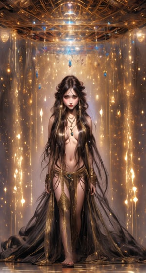 Hyper-realistic digital painting of a beautiful girl, full body, shiny dark brown eyes, messy mid-length hair with golden highlights, beautiful gypsy necklace with intricate details, in a surreal and fantasy setting, combining the artistic styles of Jose Royo, Boris Vallejo, Julie Bell, Carne Griffiths, Benedick Bana, Brian Froud and Eric Wallis, precise anatomy, global light, chiaroscuro, ray tracing