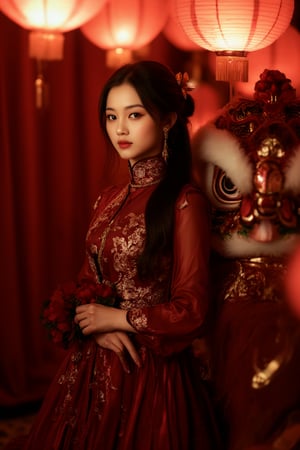 A young Asian woman with long dark hair stands gracefully dressed in a red gold Chinese traditional , medium shot ,
background is darkroom,
blurry foreground, red Chinese lanterns foreground ,
and a large, detailed lion dance costume stands beside her. creating a warm, nostalgic, and cultural atmosphere,
rich with deep red and gold tones.
The woman appears calm and elegant, embodying a sense of mystery, tradition, Shining golden color,