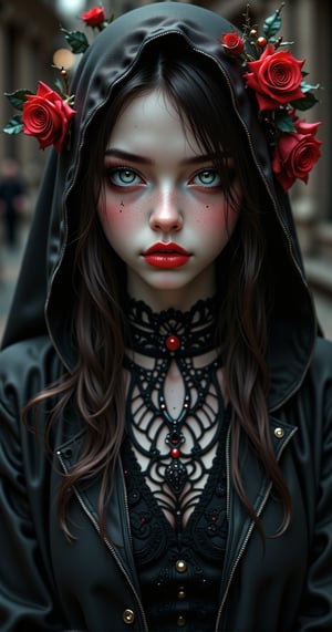 a woman with a hood and roses in her hair, dark fantasy style art, in style of dark fantasy art, gothic fantasy art, dark fantasy art, dark fantasy art, gothic maiden, she is the queen of black roses, dark fantasy mixed with realism, dark fantasy style, gothic maiden of the dark, gothic art, Dark digital art, but detailed, dark fantasy artwork,REALNIME,FluxGothicRealnime