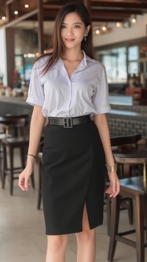 18 year old thailand woman, long hair,wetting a Torn fitting Shinny White short-sleeved slim-fit shirt with shoulder-length sleeves,belt,earing,Smartwatch,neckleck, Black Narrow skirt short with a slit on the left side, Black high heels, in a coffee shop