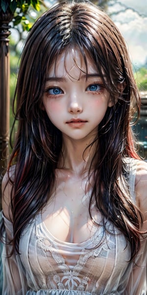 A girl wet face with blue eyes with a red hair, in the style of detailed atmospheric portraits, tears run down on face, wet face, wet hair, rain drops run down, heavy rain, sparkling water reflections, hyper - detailed illustrations, wandering eye, fujifilm eterna vivid 500t, intense closeup, is captured with astonishing clarity, crystal clear closeup photo finely detailed eyes, moody, epic scene, epic composition, Photography, Cinematic Lighting, Volumetric Lighting, ethereal light, intricate details, extremely detailed volumetric rays, super realistic photo