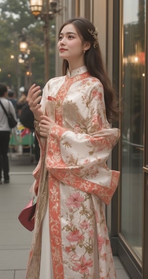 A beautiful and charming 19-year-old girl from South Vietnam. She was traveling near the Taipei 101 building. She wore Ao Dai, which Vietnamese locals like to wear on occasions that require solemnity and etiquette, or on festive occasions (such as weddings, parties, etc.). It has ethnic characteristics and is often worn on formal occasions and dinner parties. She wore different styles of Ao Dai and asked her friends to take photos of her. She faces the camera with a happy smile. Very beautiful, rococo art. masterpiece.