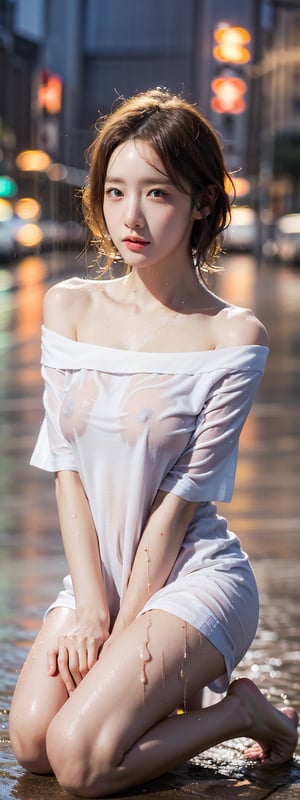 Young Japanese woman standing,  ((On City Street)),  ((Fully clothed)), ((Off-the-shoulder T-shirt dress)),((Barefoot)), blond with short hair, slim build, two tone color hair, mid afternoon, Gray light, Overcast, Detailed background, Dark, busy street, crowding street, Cinematic, pessimistic, Masterpiece,  Best quality, RAW photo, up-close, zoomed,  Photorealistic, ((view the viewer)), Hold yourself, Translucent, dripping wet, beautiful realistic photo, Surreal fantasy photos,  Close up, Tight Frame, 8K, Ultra detailed, Detailed skin, Blue eyes, Dark skin, ((Drenched)), ((Soaked)), (Dripping water), Saggy clothes, wet street, Wet all over, wet dripping hair, angle of view, (posed for photo) Portrait, Close-up, bottom angles, Mist, ((heavy rain)), ((Hazy rain)), Rain on the face, wet face, Shallow depth of field