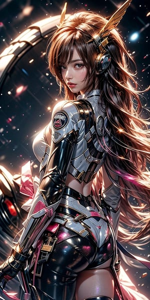 a girl, thunder yellow jacket, tight suit,Space helm of the 1960s,and the anime series G Force of the 1980s,Darf Punk wlop glossy skin, ultrarealistic sweet girl, space helm 60s, holographic, holographic texture, the style of wlop, space, ,1 girl