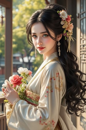 A beautiful Russian mixed-race girl with very long, slightly curly black hair adorned with hair accessories and a hair flower, standing solo outdoors near East Asian architecture. She wears a Japanese kimono with wide sleeves, a single bun, and a belt, holding various flowers. Her green bright eyes look at the viewer, with a slightly open smile revealing red lips, and a slightly red face. She has long sleeves, jewelry, and makeup, standing from the side near railings, under sunlight, in a neoclassical art style.